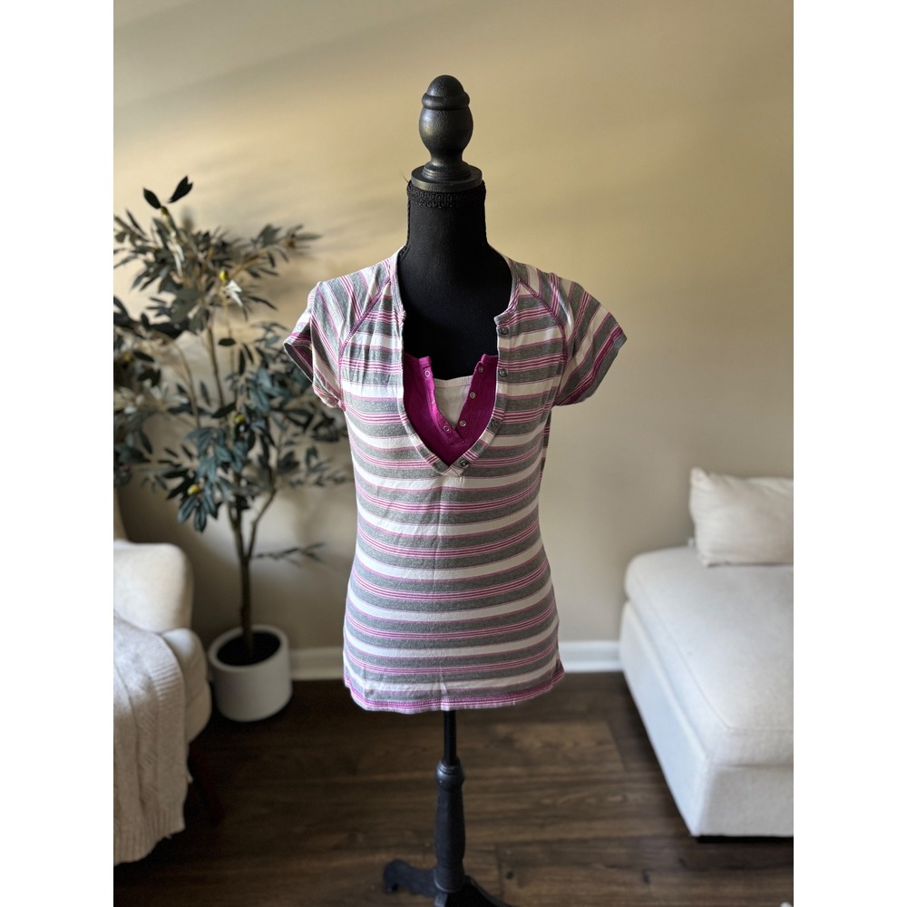 Life is Good Womens Medium Striped Faux Layered Henley Top Pink Grey ShortSleeve
